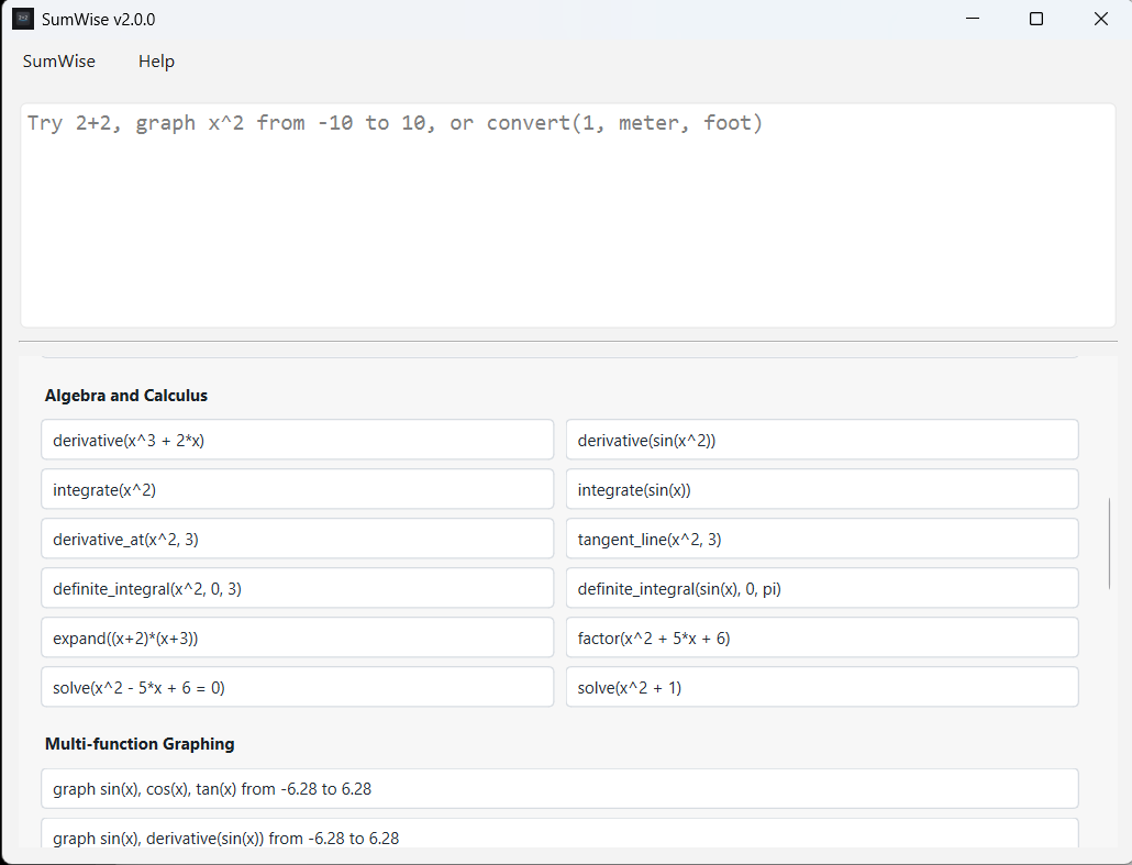 SumWise welcome dashboard with algebra and calculus examples.